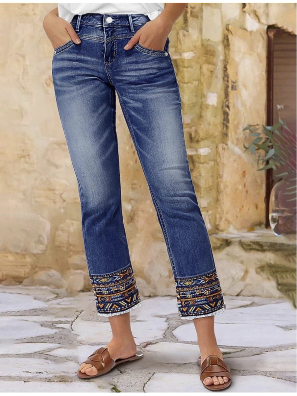 Flamingals Straight Leg Embroidered Hem Wide Leg Jeans Navy Blue M
